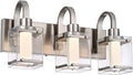 3-Light Brushed Nickel Vanity Light Fixtures, Modern LED Bathroom Wall Lights for Dressing Room, Integrated LED Chips with Frosted Column & Clear Square Glass Shades, Energy Saving Wall Sconce
