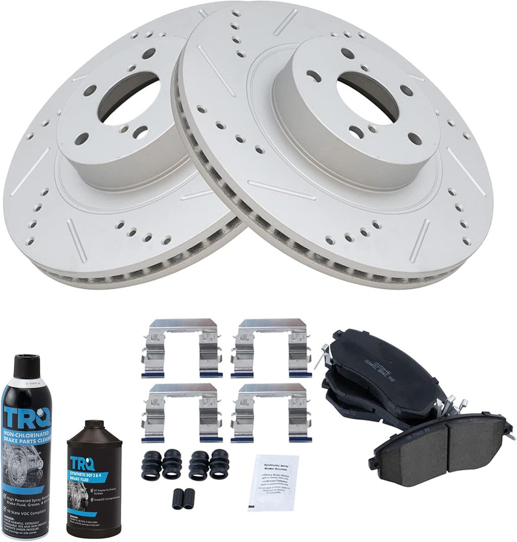 TRQ Front Brake Pad & Rotor Kit Premium G-Coated Ceramic Performance Slotted X Drilled Compatible with 13-16 Scion 11-19 Subaru 17-19 Toyota