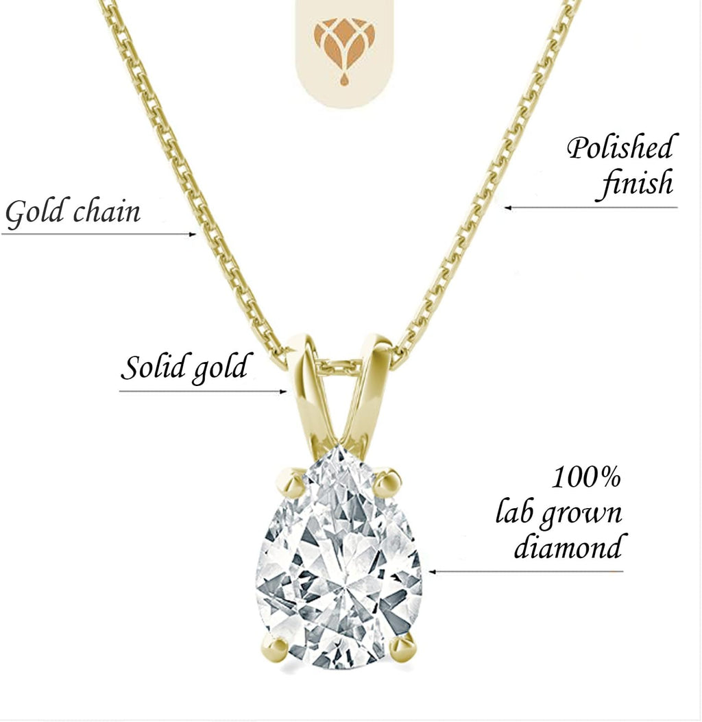 The Diamond Deal .25-1.00 Carat Pear Shape Brilliant Solitaire Lab-Grown Diamond Solitaire Pendant Necklace | 14k Yellow or White or Rose/Pink Gold With 18' Gold Chain