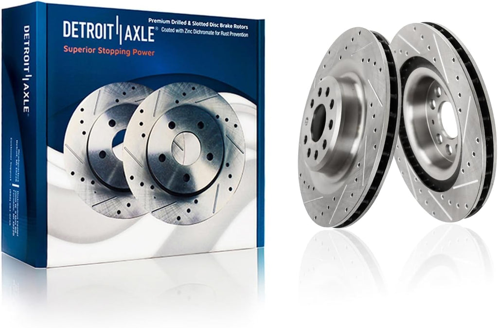 Detroit Axle - 8pc Brake Kit for 2016 Tesla Model S, Drilled and Slotted Disc Brake Rotors Ceramic Brakes Pads with Hardware Replacement: 13.98' inch Front and 14.37' inch Rear Rotor