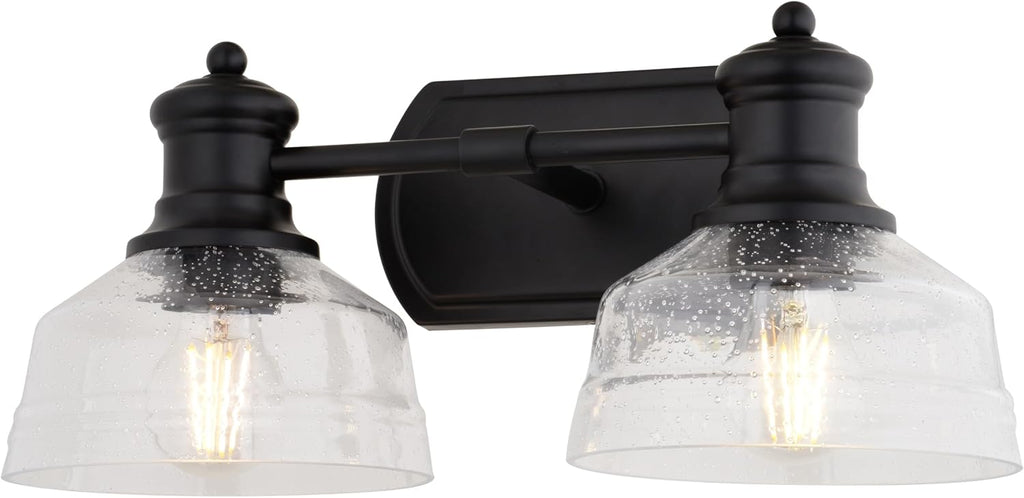 VAXCEL Beloit 2-Light 17 inch Wide Matte Black Farmhouse Bathroom Vanity Lighting Fixture, Clear Seeded Glass Shade, Dimmable, LED Compatible, Over the Mirror Mounted Metal Wall Sconce