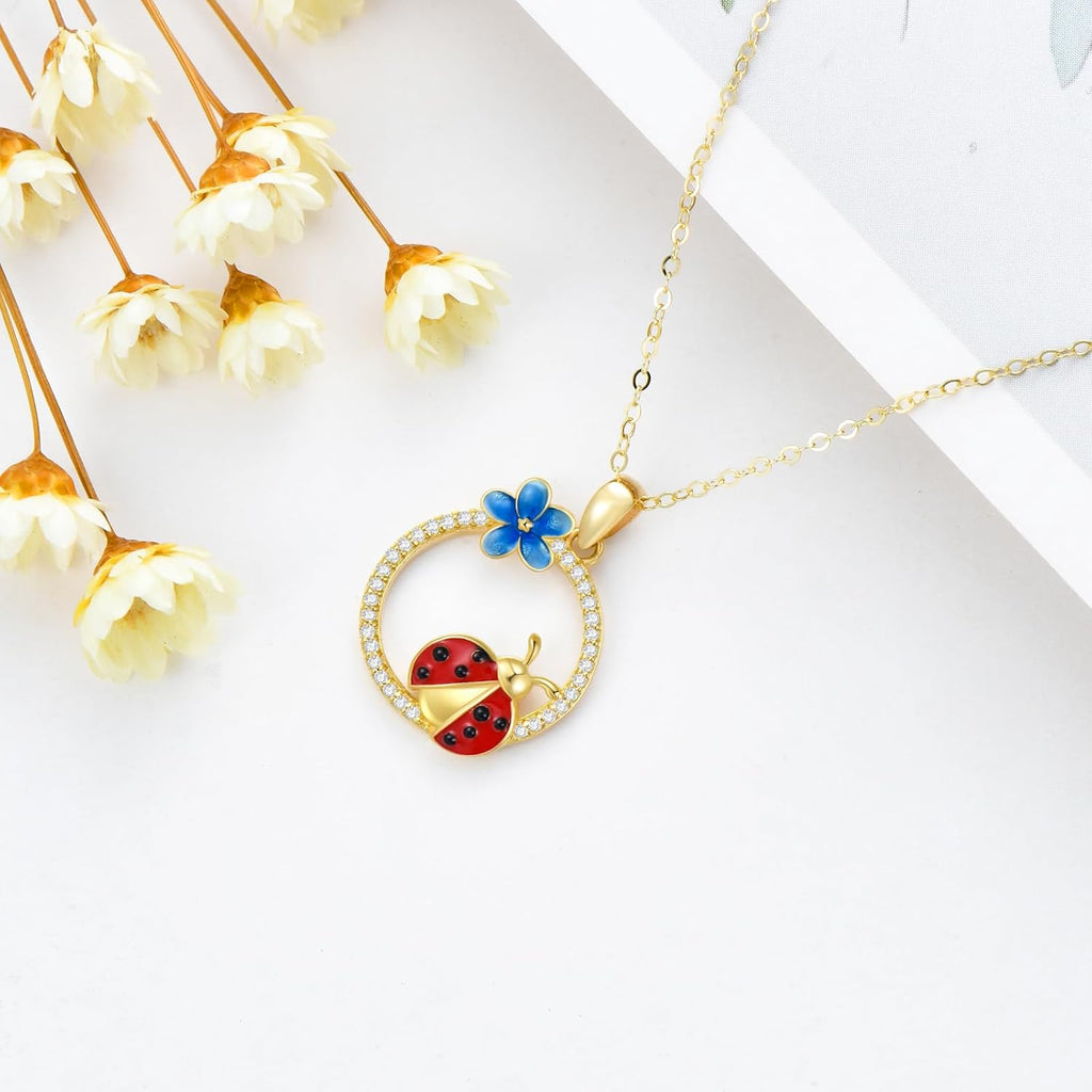 Ladybug Pendant Necklace for Women 14K Real Gold Enamel Ladybug with Flower Necklace Cute Jewelry Gift for Her in 16-18'