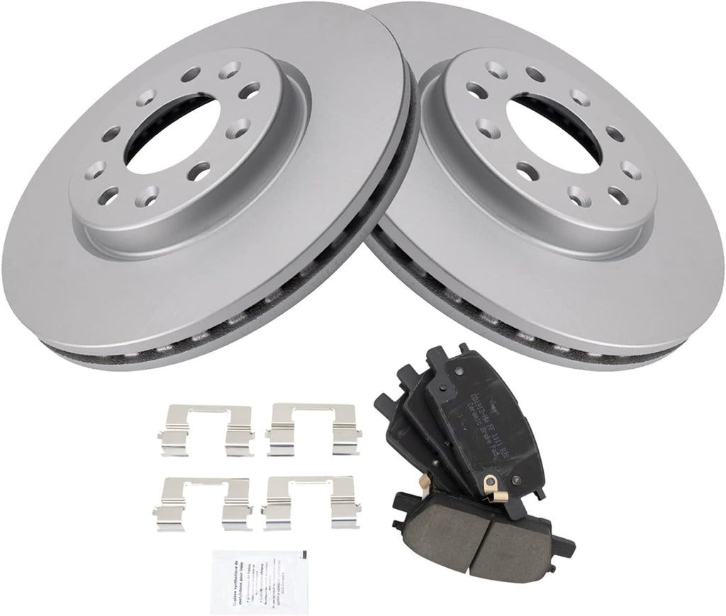 TRQ Front Ceramic Brake Pad and Rotor Set Coated Compatible with 18-20 Chevrolet Equinox L4 1.5L with 300mm Diameter Front Rotors 16-19 Chevrolet Malibu
