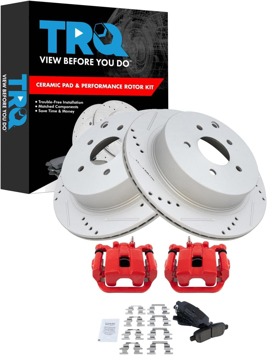 TRQ Performance Rear Brake Pad and Rotor Set Ceramic Coated Drilled Slotted Vented Rotors Calipers Compatible with 2003-2007 Nissan Murano 2004-2009 Quest
