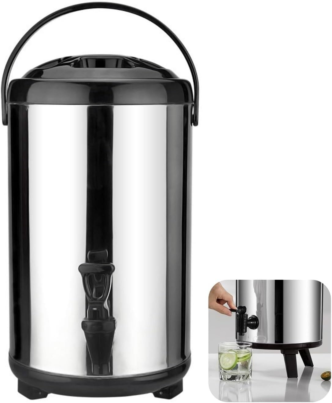 Stainless Steel Insulated Beverage Dispenser, 10L Double Walled Insulated Thermal Hot And Cold Drink Server Dispenser With Spigot Handle For Coffee Tea Milk Hot Water