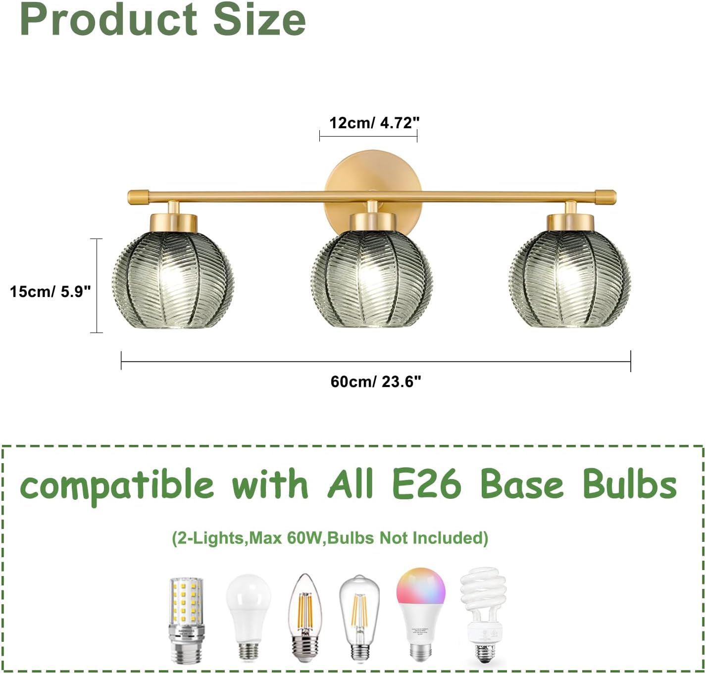 Modern 3 Lights Wall Sconce Lighting, Vintage Bathroom Light Fixtures Gold Vanity Light, Farmhouse Green Glass Wall Lamp, Porch Wall Mount Light for Mirror Living Room Bedroom