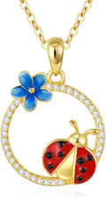 Ladybug Pendant Necklace for Women 14K Real Gold Enamel Ladybug with Flower Necklace Cute Jewelry Gift for Her in 16-18'