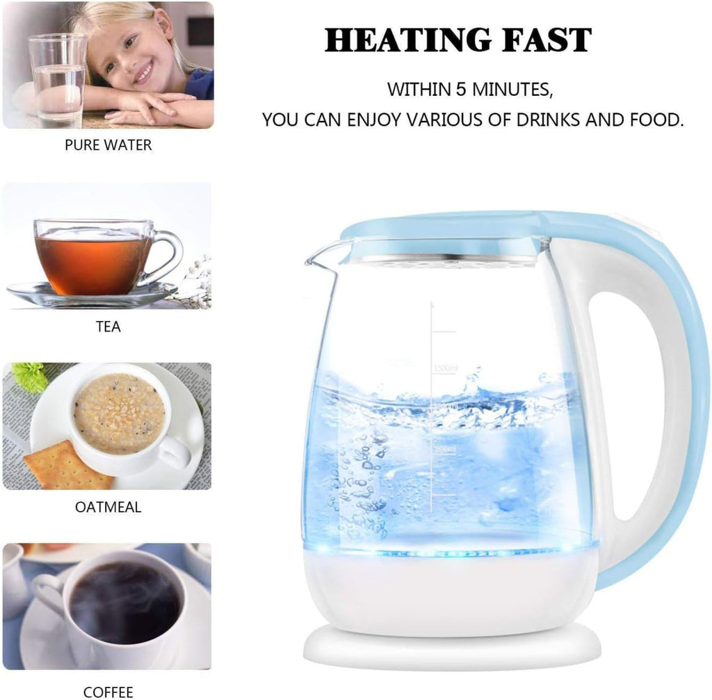 Eco Glass Electric Kettle, 1.8L Cordless Water Kettle with Blue Led Illuminated, Tea Water Kettle, Auto Shut-Off & Boil-Dry Protection, Stainless Steel Inner,Blue