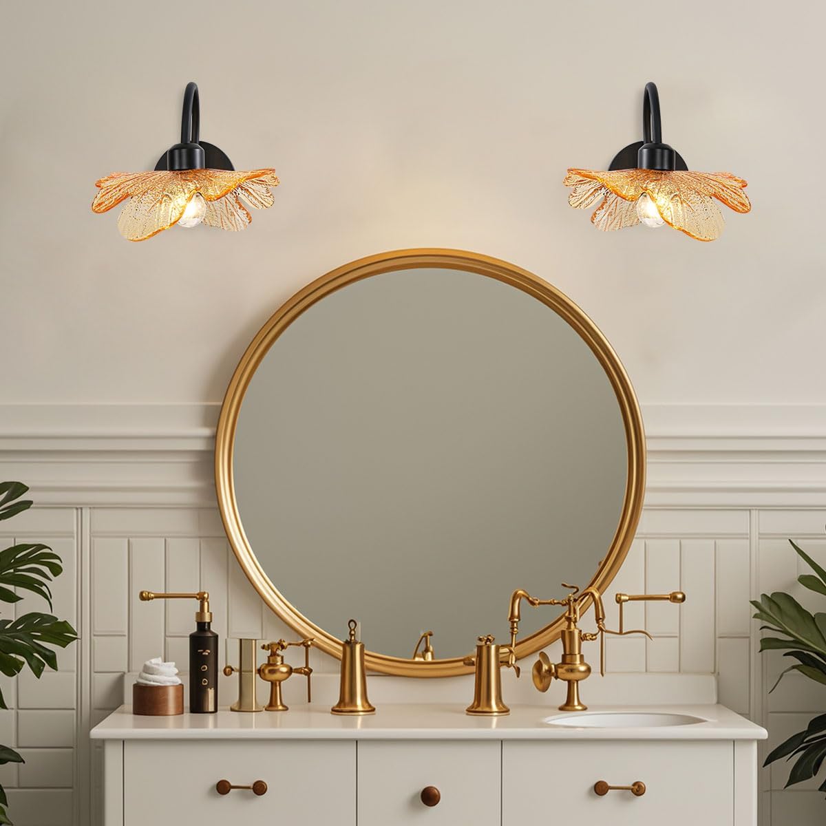 Bathroom Sconces Set of 2 Black Bathroom Vanity Light Over Mirror, Modern Wall Light Fixture with Amber Glass Shade Flower Art Deco Wall Sconce Vintage Wall Sconces for Bedroom Living Room