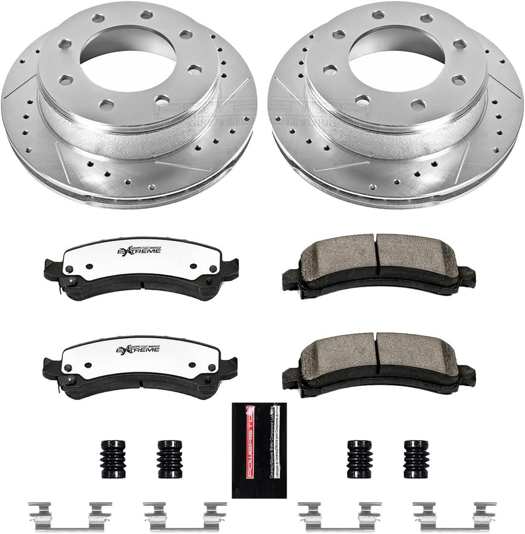 PowerStop Rear Brake Kit For Chevrolet Express 2500 2003-20 |Express 3500 2003-20 |GMC Savana 2500 2003-20 - Truck & Tow Carbon Fiber Ceramic Brake Pads + Drilled & Slotted Rotors Upgrade, K2039-36