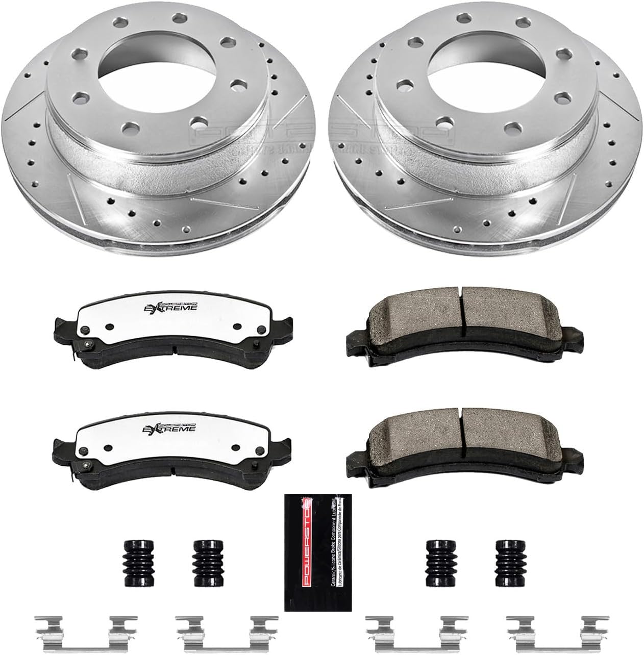 PowerStop Rear Brake Kit For Chevrolet Express 2500 2003-20 |Express 3500 2003-20 |GMC Savana 2500 2003-20 - Truck & Tow Carbon Fiber Ceramic Brake Pads + Drilled & Slotted Rotors Upgrade, K2039-36