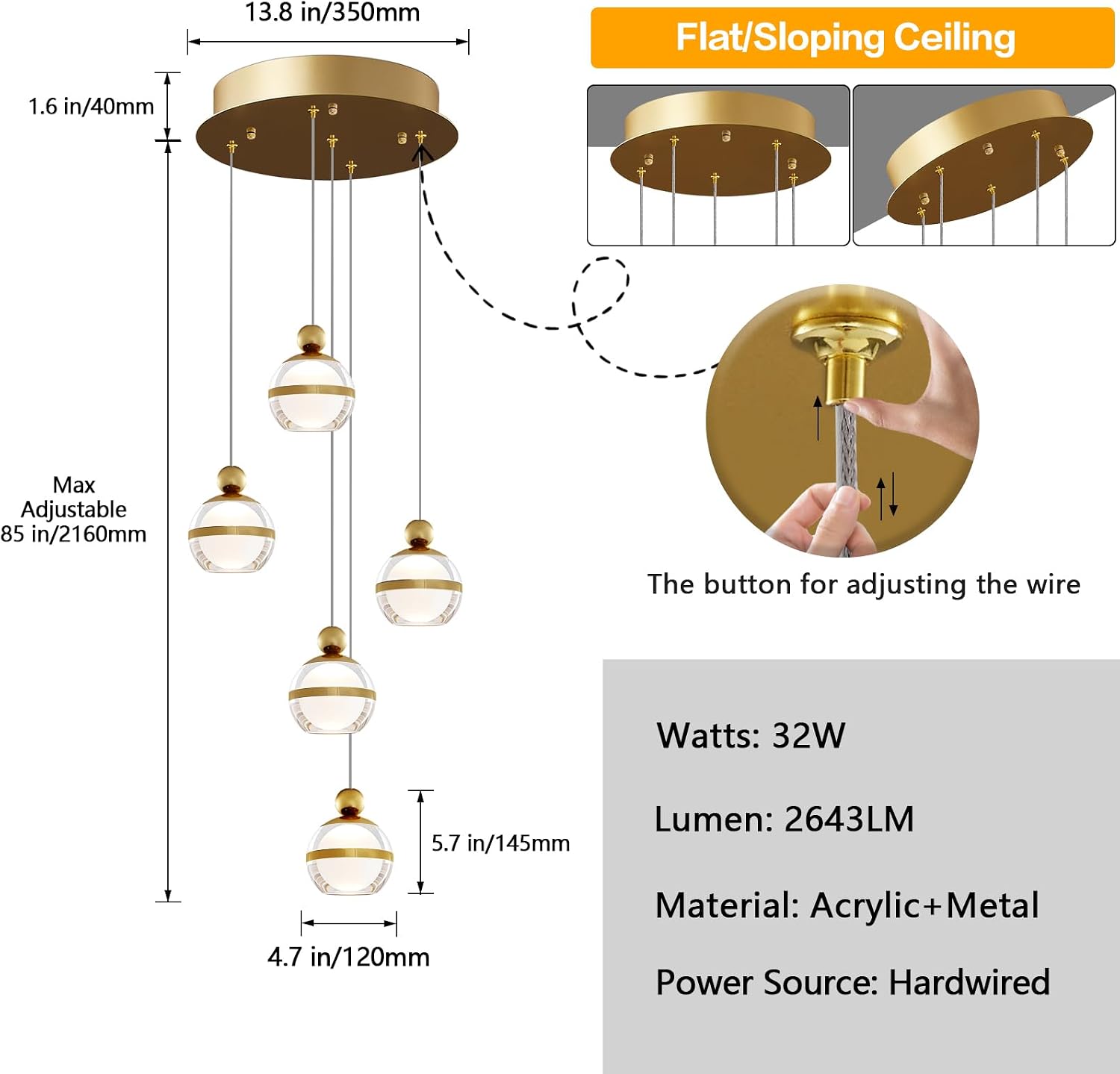 5-Light Gold Chandelier, 32W Modern LED Chandeliers, Adjustable Globe Hanging Ceiling Light Chandelier for Living Room Dining Room Foyer Staircase Entryway