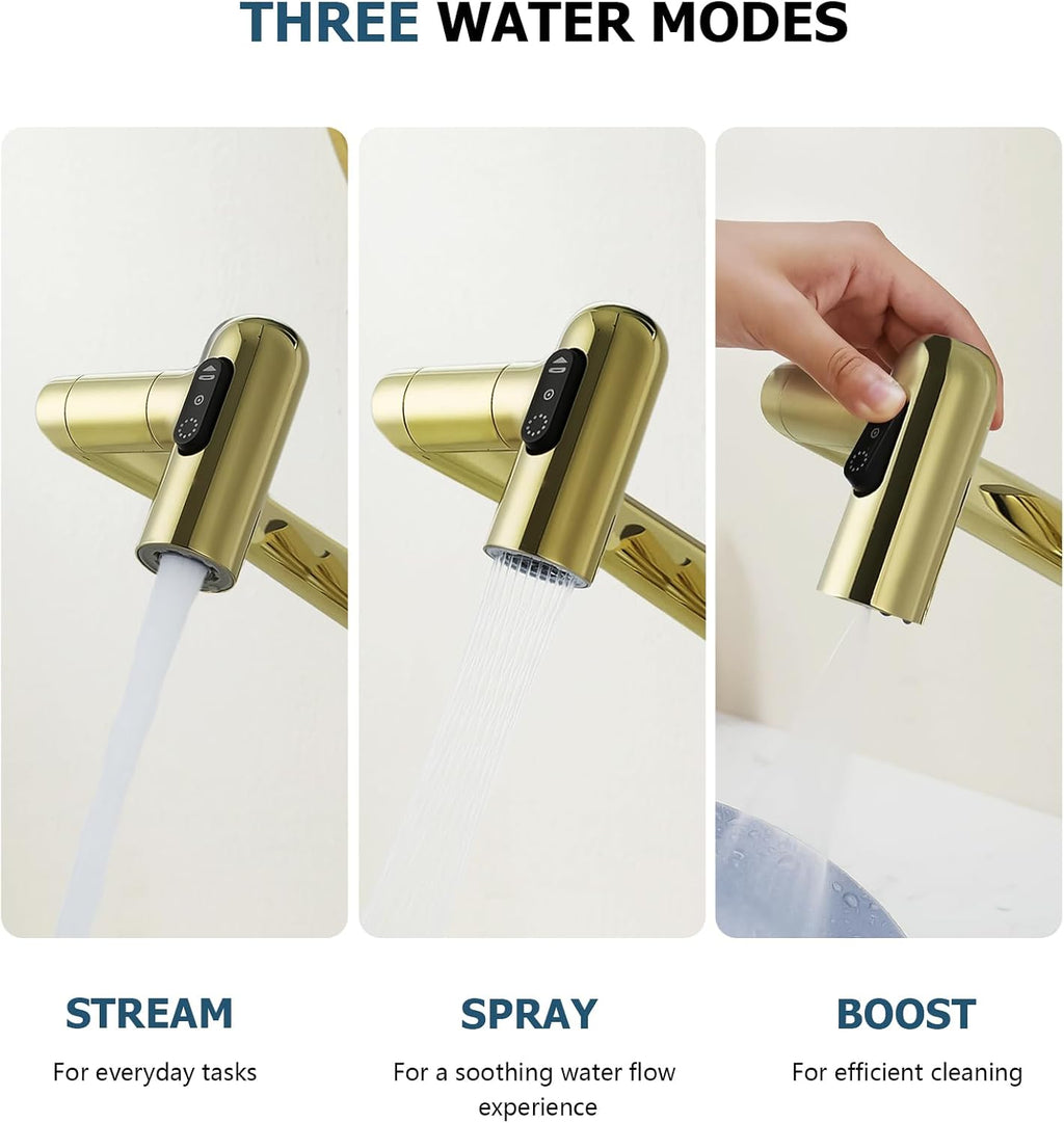 Lefton Rotatable Bathroom Faucet with Temperature Display in Fahrenheit (Batteries-Free), 3 Water Outlet Modes, Polished Gold, BF2204-5
