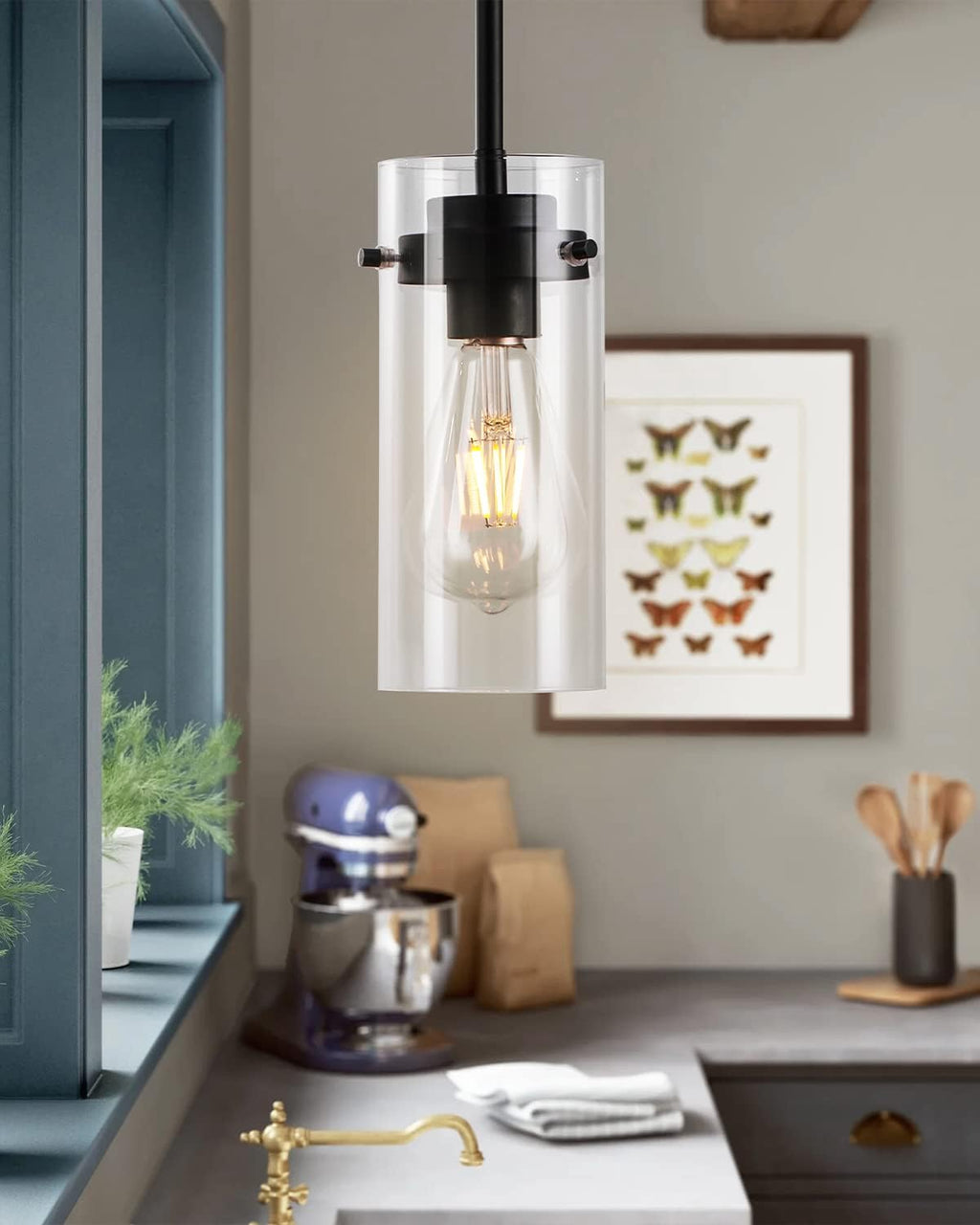 EAPUDUN Pendant Lights Kitchen Island (3 Pack), Clear Glass Shade Kitchen Lighting fixtures Ceiling Hanging, Black Pendant Lights for Kitchen Island,Dining Room,Corridor Bedroom E26 Base