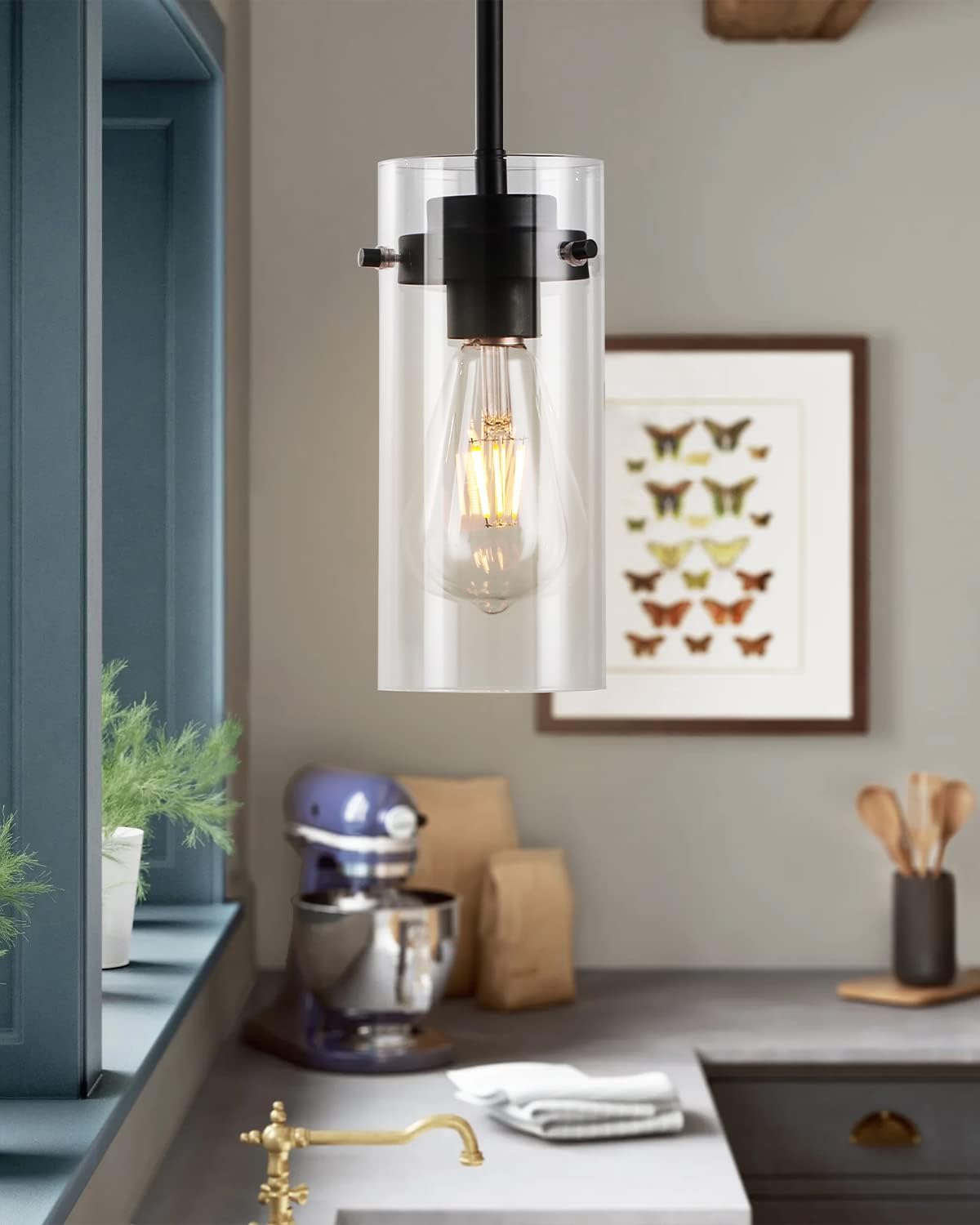 EAPUDUN Pendant Lights Kitchen Island (3 Pack), Clear Glass Shade Kitchen Lighting fixtures Ceiling Hanging, Black Pendant Lights for Kitchen Island,Dining Room,Corridor Bedroom E26 Base