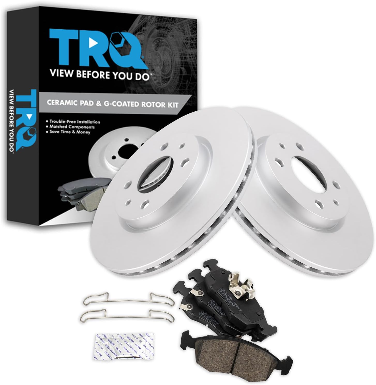 TRQ Front Brake Pad and Rotor Set Ceramic G Coated Vented Rotors Compatible with 2012-2017 Fiat 500