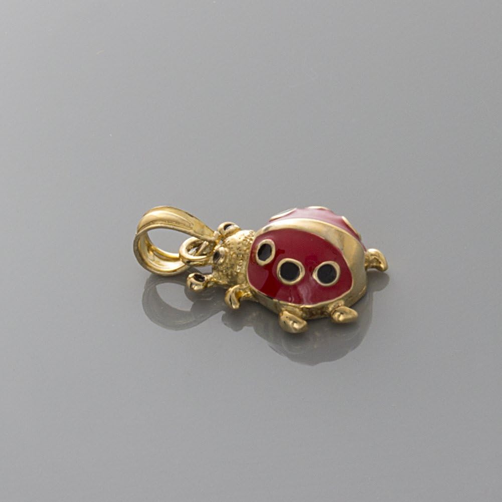 14k Yellow Gold Animal Charm Necklace Pendant, 3-D Enamel Ladybug Charm Necklace Pendant, with 18 Inch Chain
