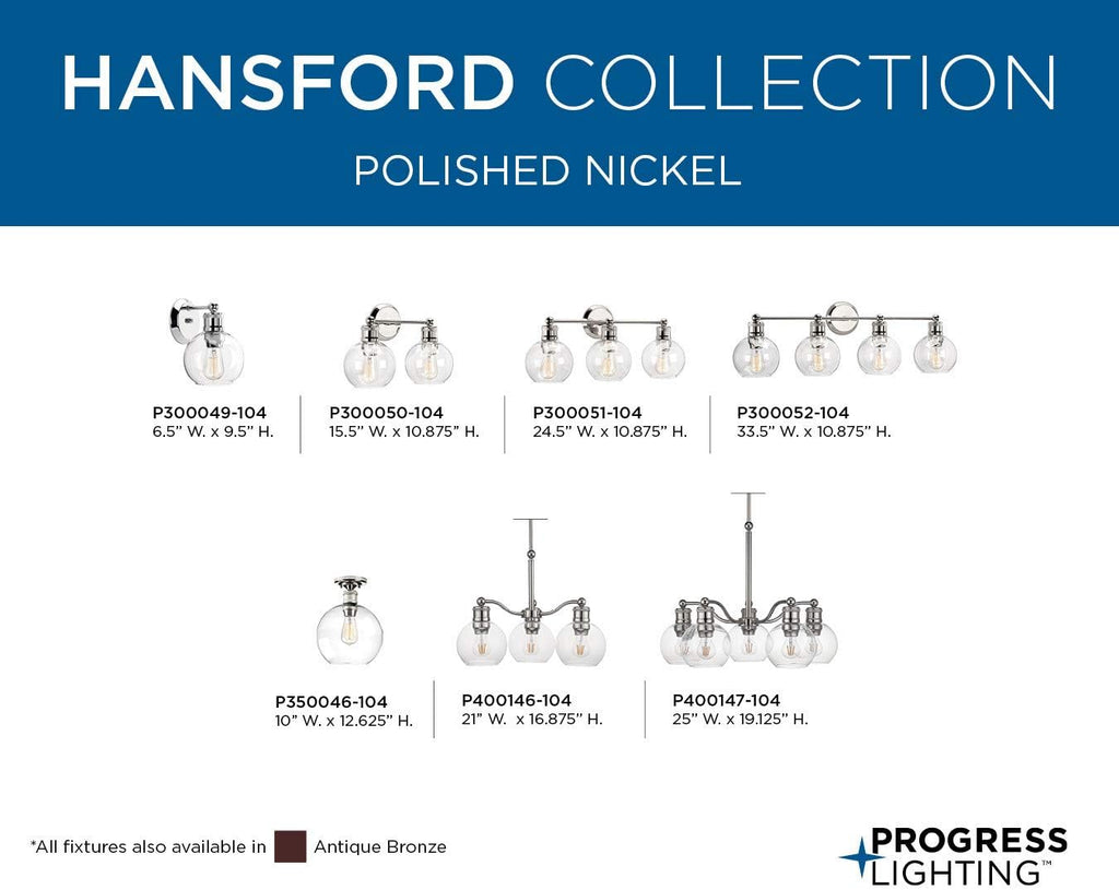 Hansford Collection 3-Light Clear Glass Coastal Bath Vanity Light Polished Nickel