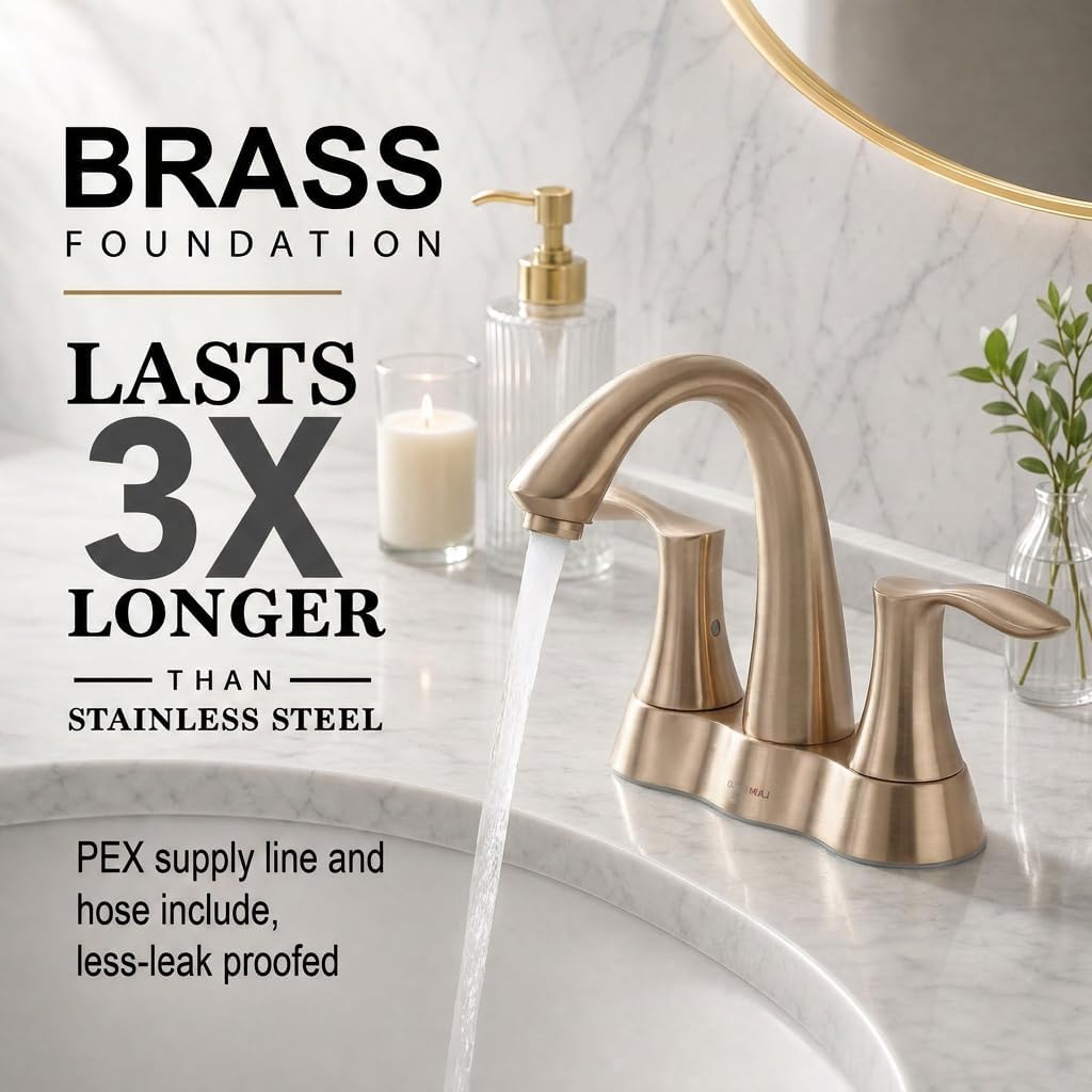 Lava Odoro Champagen Gold Bathroom Faucet 3 Hole, 2 Handle Bathroom Sink Faucet, 4 Inch Centerset Bathroom Faucet with Drain Assembly, BF423-CB