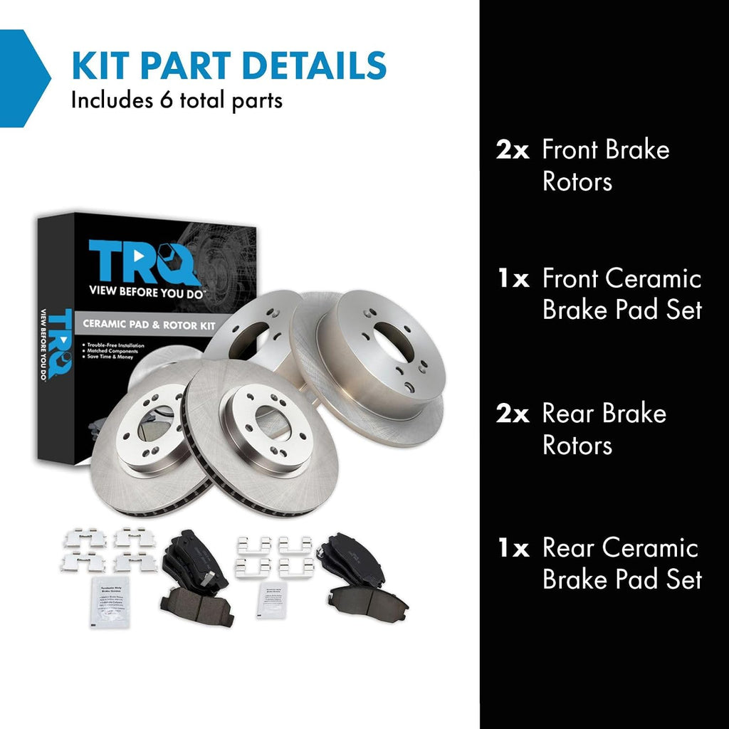 TRQ Front and Rear Brake Pad and Rotor Set Ceramic Vented Front Rotors 293mm Compatible with 2001-2006 Hyundai Santa Fe