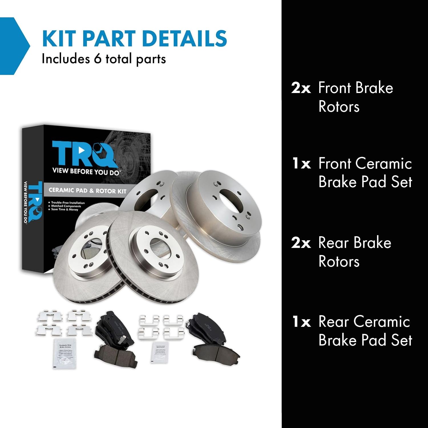 TRQ Front and Rear Brake Pad and Rotor Set Ceramic Vented Front Rotors 293mm Compatible with 2001-2006 Hyundai Santa Fe