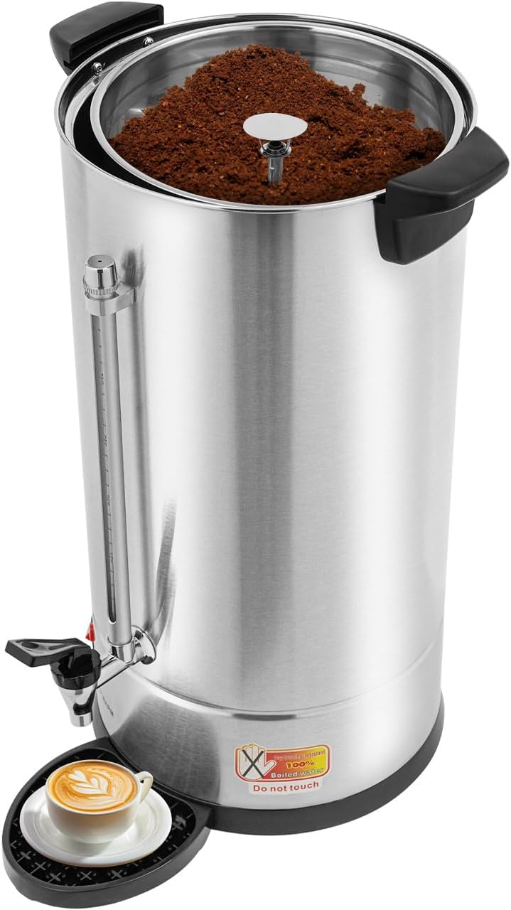 25L Stainless Steel Coffee Urn, Commercial Electric Hot Water Dispenser with Dripping Tray, No-Temp-Knob Silver Boiler for Catering Party Church Office, Large Capacity Percolator Brewer, Coffee Maker