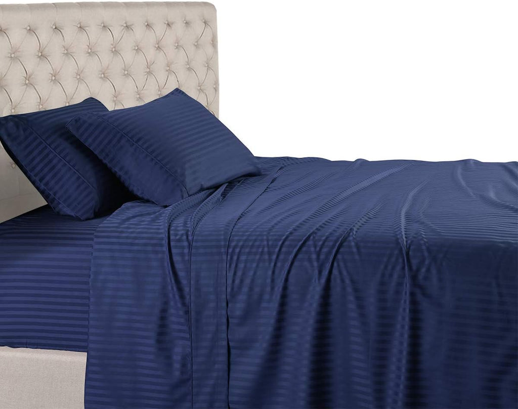 Royal Hotel Bedding Stripe Sheets - Split-Queen: Adjustable Queen Bed Sheets - 5PC Bed Sheet Set - 100% Cotton - 600 Thread Count - Deep Pocket, Split Queen, Navy