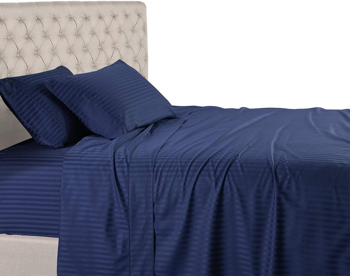 Royal Hotel Bedding Stripe Sheets - Split-Queen: Adjustable Queen Bed Sheets - 5PC Bed Sheet Set - 100% Cotton - 600 Thread Count - Deep Pocket, Split Queen, Navy