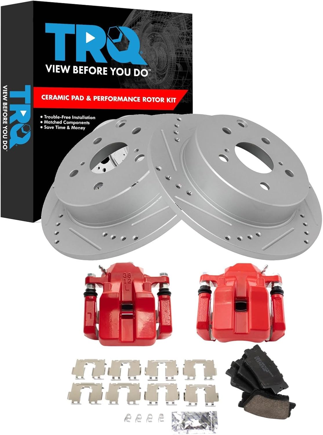 TRQ Performance Rear Brake Pad and Rotor Set Ceramic Slotted Drilled Coated Rotors Calipers Red Compatible with 2012-2018 Toyota RAV4
