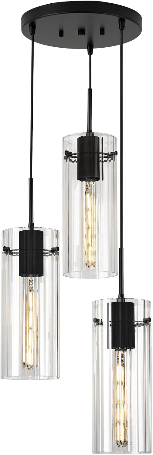 Modern Cluster Pendant Lights, Black Cluster Chandelier with Clear Ribbed Glass, 3 Light Pendant Lighting for Kitchen Island, Staircase, Dining Room, Living Room