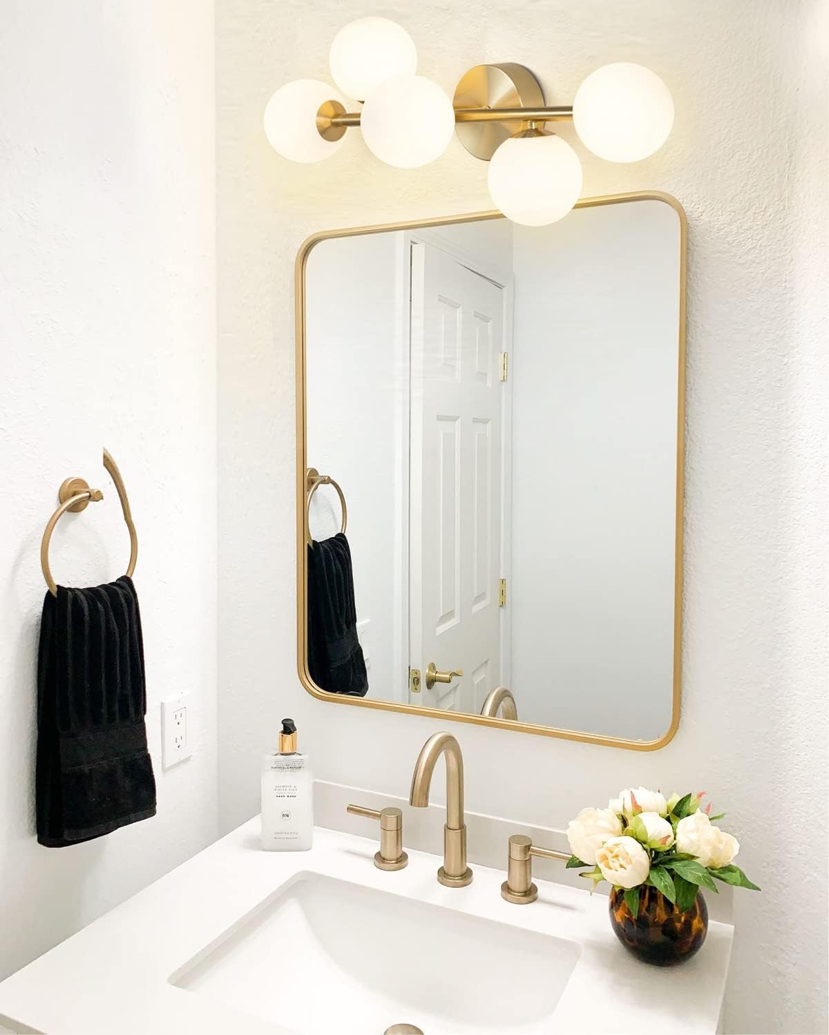 Bathroom Vanity Lights, 5-Light Bathroom Light Fixtures, Mid Century Modern Gold Bathroom Light Ceiling Light, Dimmable LED Wall Sconces Semi-Flush Mount Light Fixture with Milk Glass, Gold Brushed