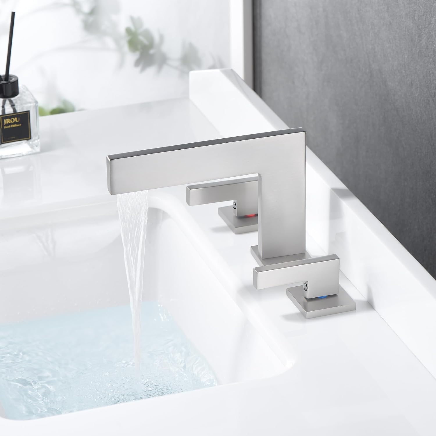 Sumerain 8 Inch Widespread Waterfall Bathroom Sink Faucet, Lavatory Faucet with Brass Rough-in Valve in Brushed Nickel