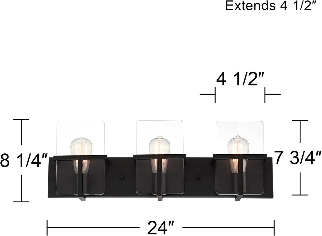 Possini Euro Design Trezza Modern Industrial Wall Mount Light Matte Black Hardwired 24' 3-Light Fixture Clear Glass Flat Panels for Bathroom Vanity Mirror House Home Living Room Hallway Decor