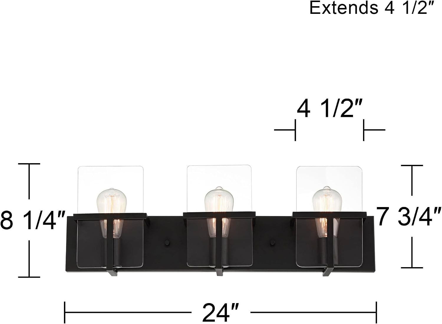 Possini Euro Design Trezza Modern Industrial Wall Mount Light Matte Black Hardwired 24' 3-Light Fixture Clear Glass Flat Panels for Bathroom Vanity Mirror House Home Living Room Hallway Decor