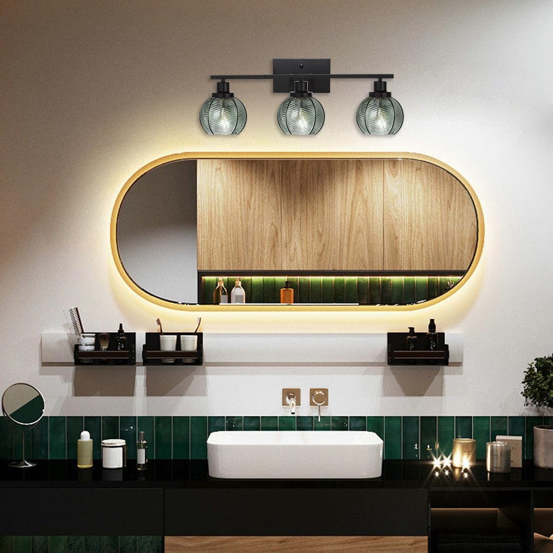 3-Light Bathroom Light Fixture Green Wall Lights with Ribbed Glass Shade Black Vanity Light Over Mirror Mid Century Wall Sconce for Bedside Bedroom Living Room