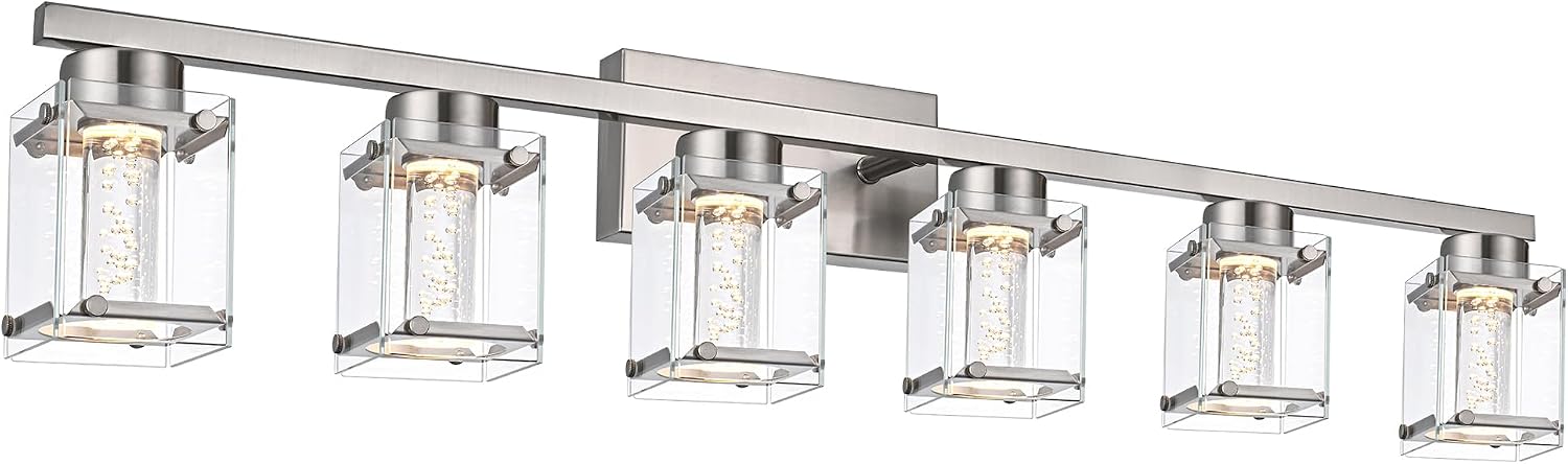 6-Light Vanity Lighting Fixture, Classic Bathroom Light Fixtures in Brushed Nickel Finish Industrial Wall Sconces Lamp with Clear Glass Shade and Bubble Bulb for Mirror