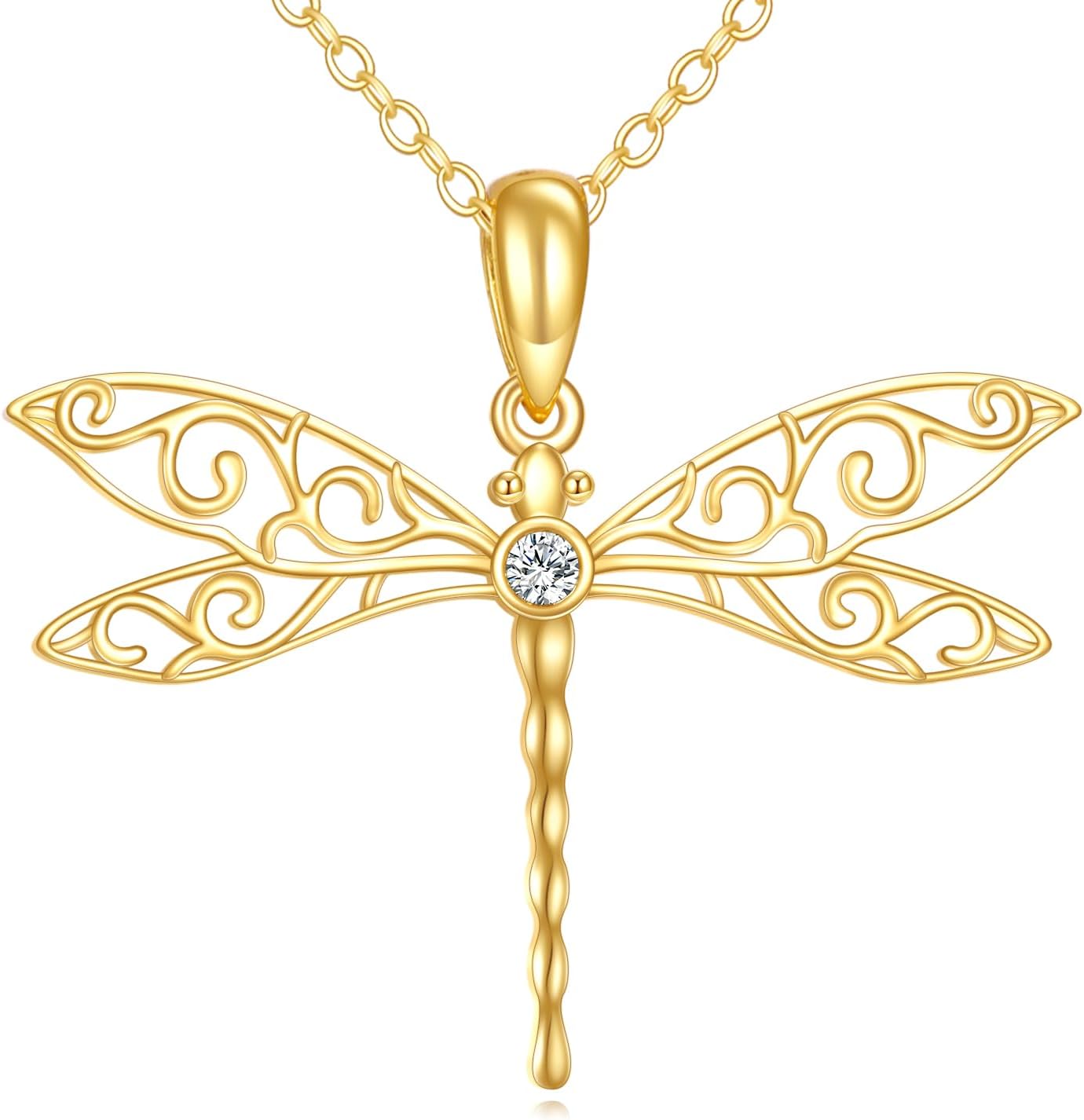 DOVRAN Real Solid Gold Birthstone Butterfly/Dragonfly/Bee/Hummingbird Necklace for Women Yellow Gold Animal Pendant for Christmas Dainty Jewelry Birthday Gifts for Mom Wife