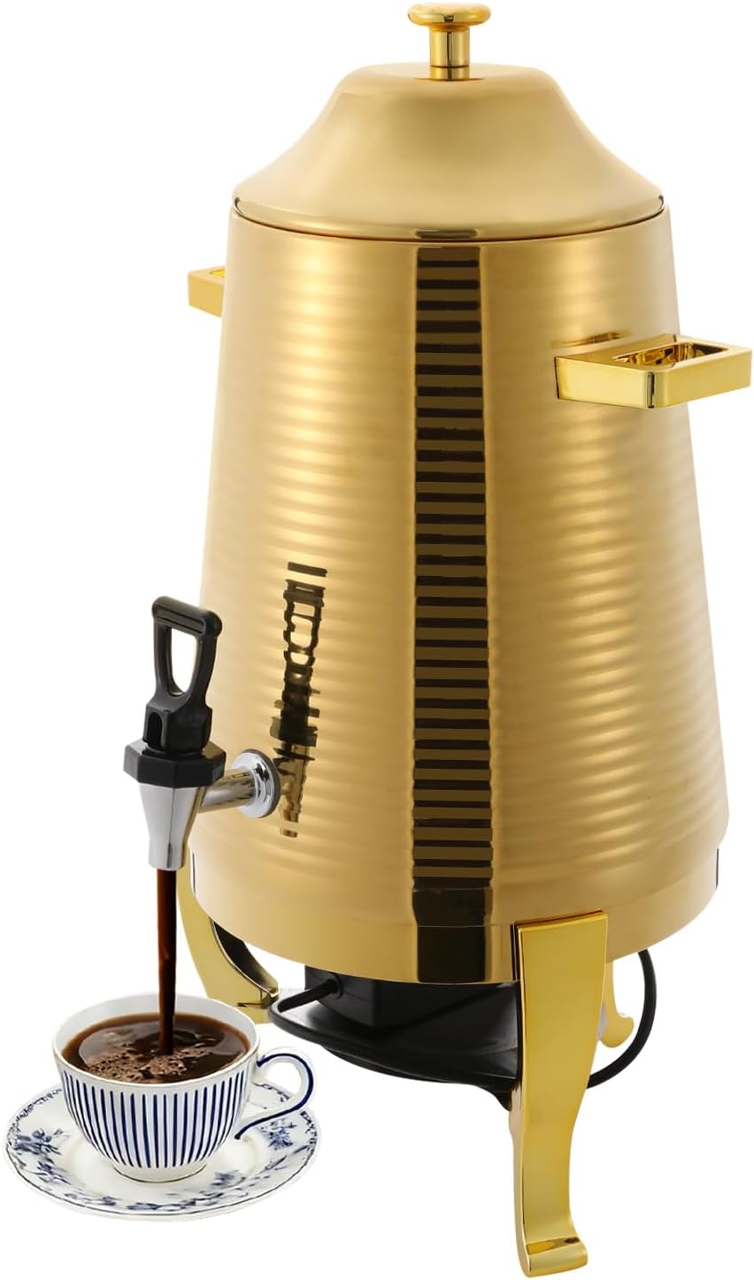 Insulated Beverage Dispenser 13L Stainless Steel Hot Drink Dispenser Countertop Commercial Hot and Cold Coffee Carafe with Spigot & Stand for Tea, Coffee, Milk, Water & Juice (Gold)
