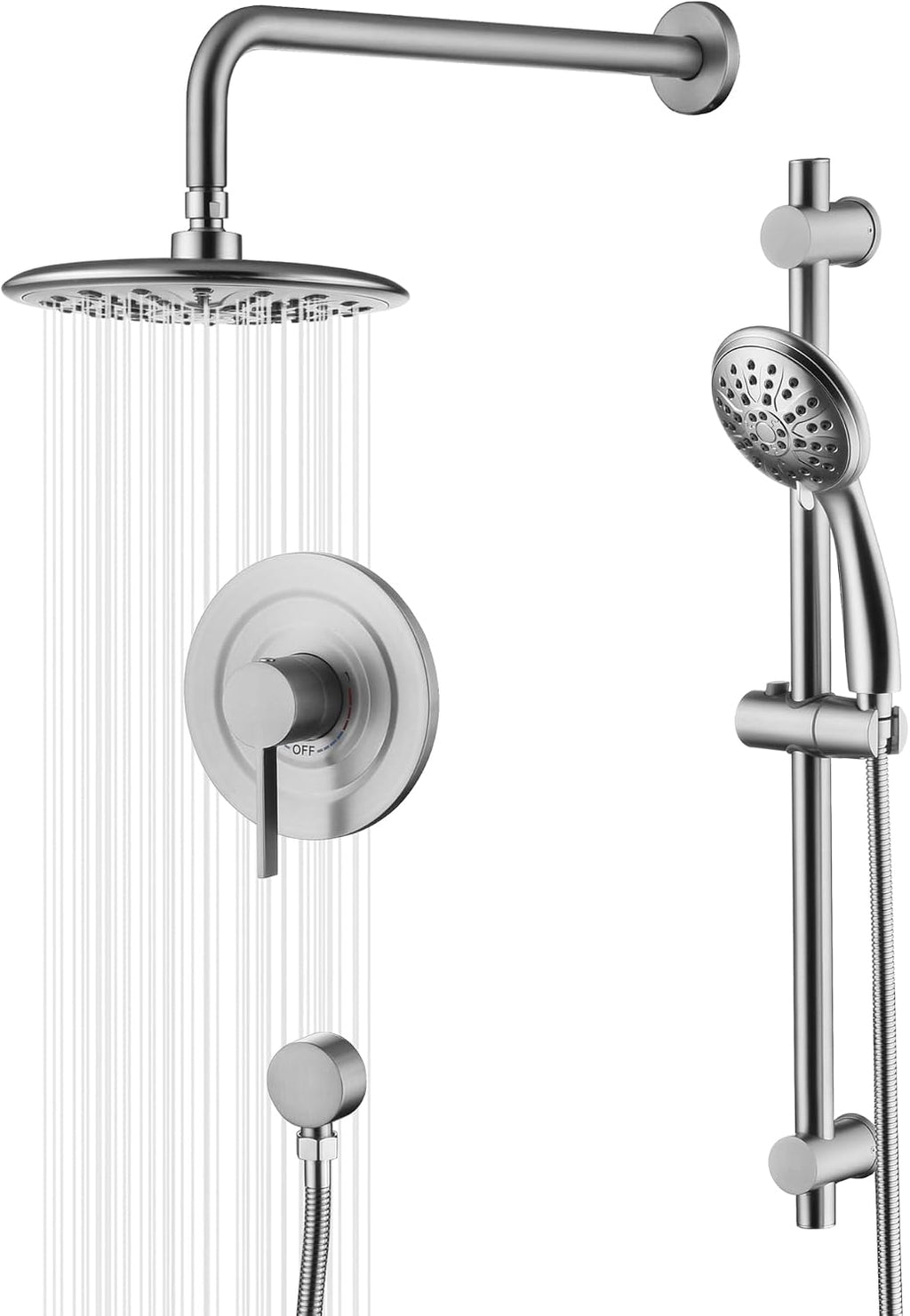 sumerain Brushed Nickel Rain Shower System Complete with Multi-Settings Rainfall Showerhead and Handheld Spray, Shower Faucet Set Includes Shower Valve and Slide Bar