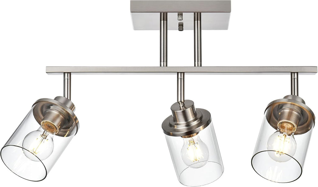 Track Lighting Fixtures 3 Light Directional Ceiling Lights with Adjustable Track Heads, Brushed Nickel Bathroom Vanity Light with Clear Glass Shade
