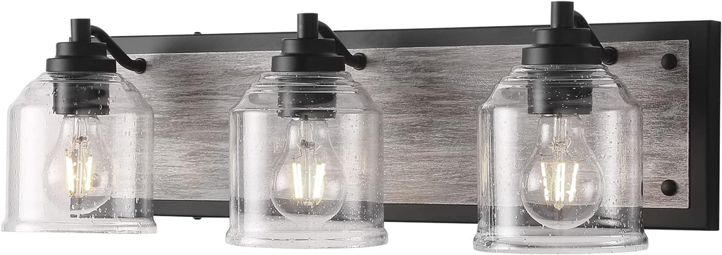 3-Light Bathroom Vanity Light Large 23', Vanity Lights for Bathroom, Farmhouse Rustic Gray Bathroom Light Fixtures Over Mirror with Bubble Glass Shades, Hand-Painted Wood-Look Metal Backplate