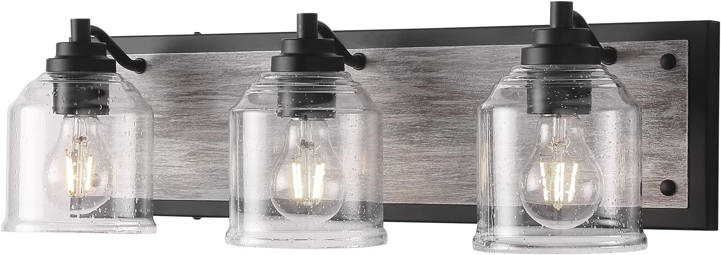 3-Light Bathroom Vanity Light Large 23', Vanity Lights for Bathroom, Farmhouse Rustic Gray Bathroom Light Fixtures Over Mirror with Bubble Glass Shades, Hand-Painted Wood-Look Metal Backplate
