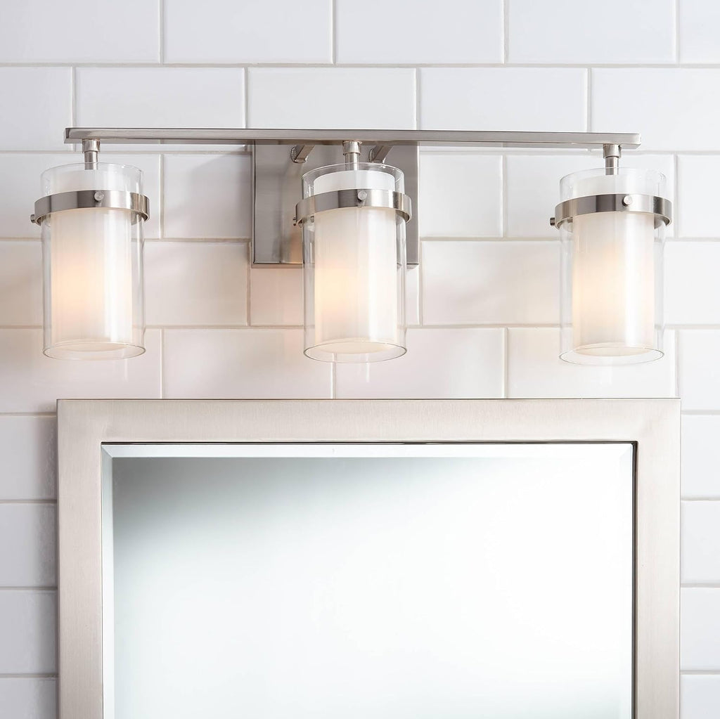 Possini Euro Design Kazran Modern Wall Light Brushed Nickel Slender Hardwire 21 1/4' 3-Light Fixture Frosted White Glass Shade for Bedroom Bathroom Bedside Vanity Living Room Mirror Hallway Dining