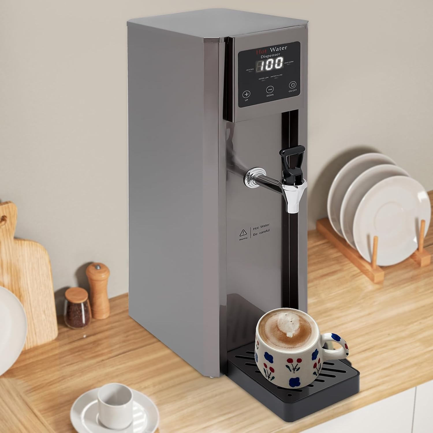 10L Commercial Hot Water Dispenser, 1800W Countertop Electric Water Boiler Stainless Steel Hot Water Dispenser Step-heating With Inlet Pipe (Silver, Temperature Control 104-210.2°F)