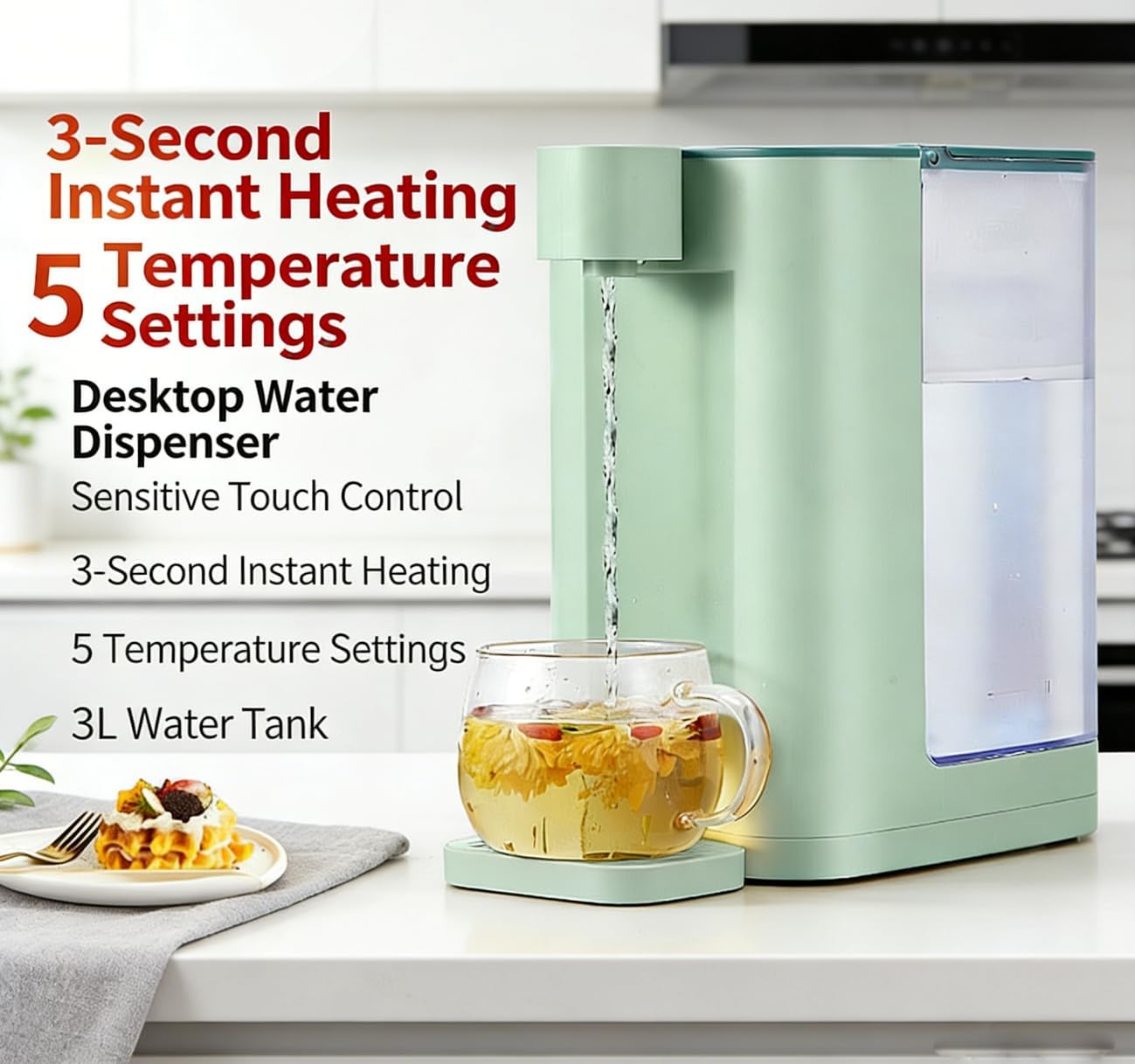 Instant Hot Water Dispenser Countertop, Electric Water Boiler with Child Lock & 5 Temp Settings for Tea, Coffee & Baby Formula, 3L Low-Noise,3L/102oz,Green