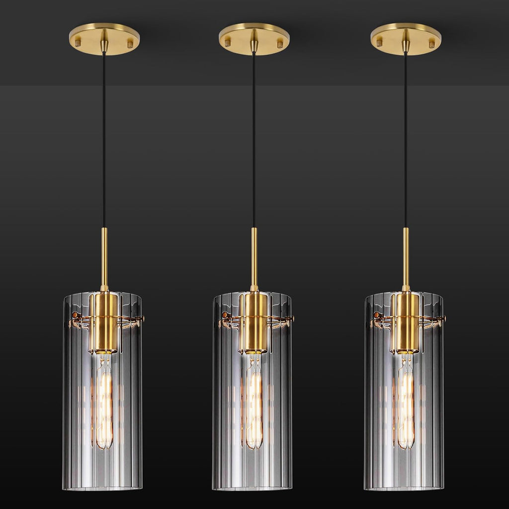 Gold Pendant Light Fixtures, 3 Pack Modern Pendant Lighting with Clear Striped Glass Shade, Hanging Pendant Lights Kitchen Island, Farmhouse Pendant Lighting for Dining Room Bedroom Bathroom