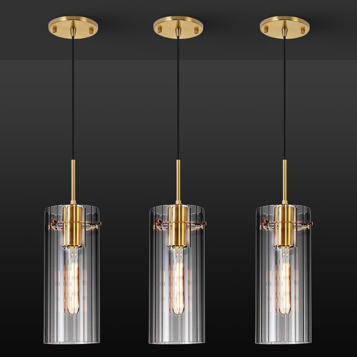 Gold Pendant Light Fixtures, 3 Pack Modern Pendant Lighting with Clear Striped Glass Shade, Hanging Pendant Lights Kitchen Island, Farmhouse Pendant Lighting for Dining Room Bedroom Bathroom