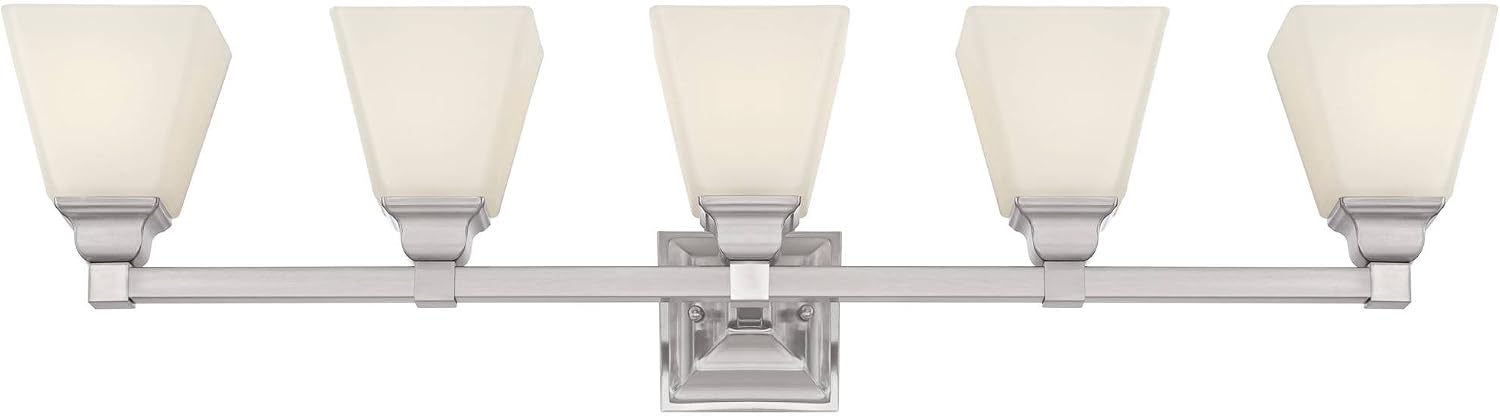 Regency Hill Mencino-Opal Wall Mount Light Satin Nickel Silver Metal Hardwired 35 1/4' Wide 5-Light Fixture Etched White Glass Shade for Bathroom Vanity Mirror House Home Room Decor