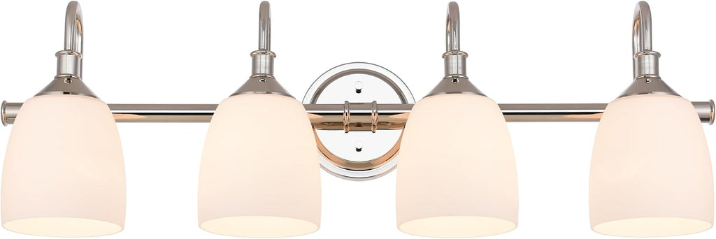 4-Light Polished Nickel Bathroom Vanity Light Fixtures Over Mirror, Vintage Vanity Lights for Living Room, Milk White Glass Shades, Standard E26 Base