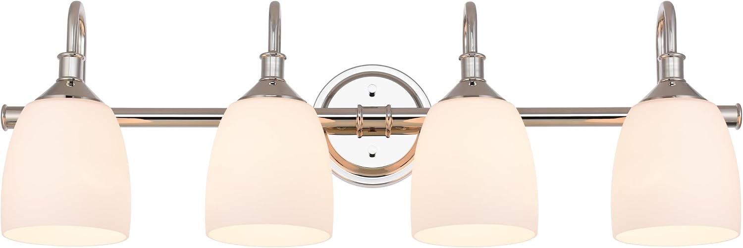 4-Light Polished Nickel Bathroom Vanity Light Fixtures Over Mirror, Vintage Vanity Lights for Living Room, Milk White Glass Shades, Standard E26 Base